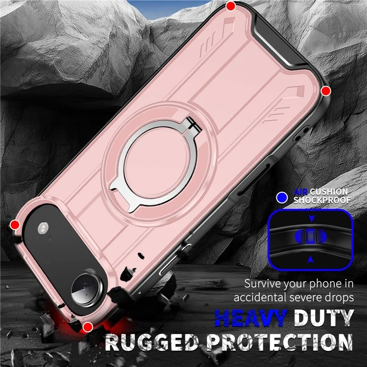 Funda de Aire para iPhone 17 Compatible con MagSafe, Anillo Giratorio, Soporte Plegable, Carcasa de PC + TPU Antichoque - Rosa