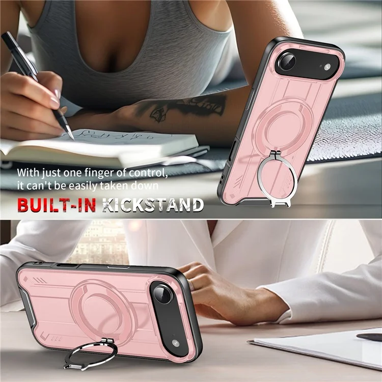 Funda de Aire para iPhone 17 Compatible con MagSafe, Anillo Giratorio, Soporte Plegable, Carcasa de PC + TPU Antichoque - Rosa