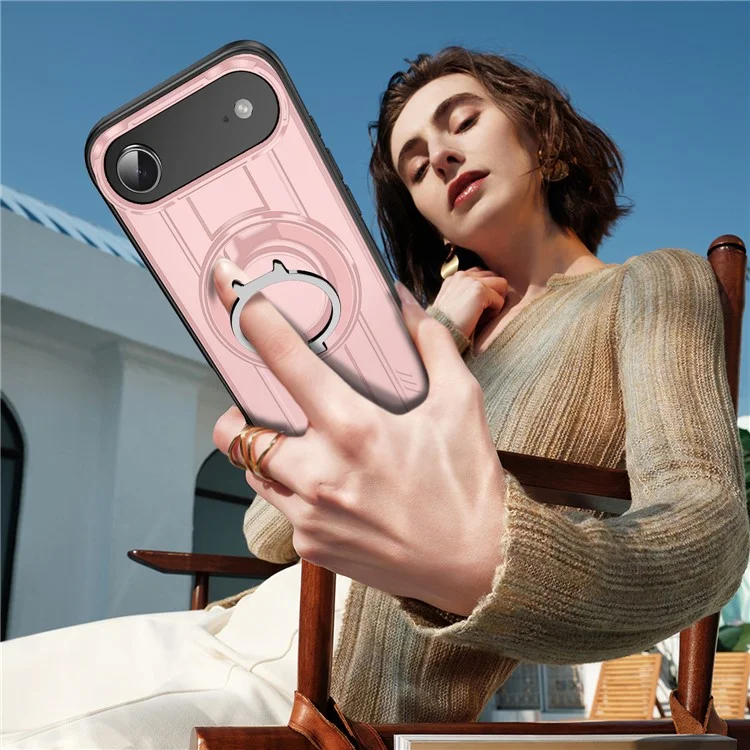 Funda de Aire para iPhone 17 Compatible con MagSafe, Anillo Giratorio, Soporte Plegable, Carcasa de PC + TPU Antichoque - Rosa