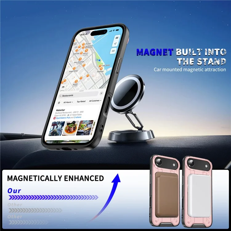 Funda de Aire para iPhone 17 Compatible con MagSafe, Anillo Giratorio, Soporte Plegable, Carcasa de PC + TPU Antichoque - Rosa