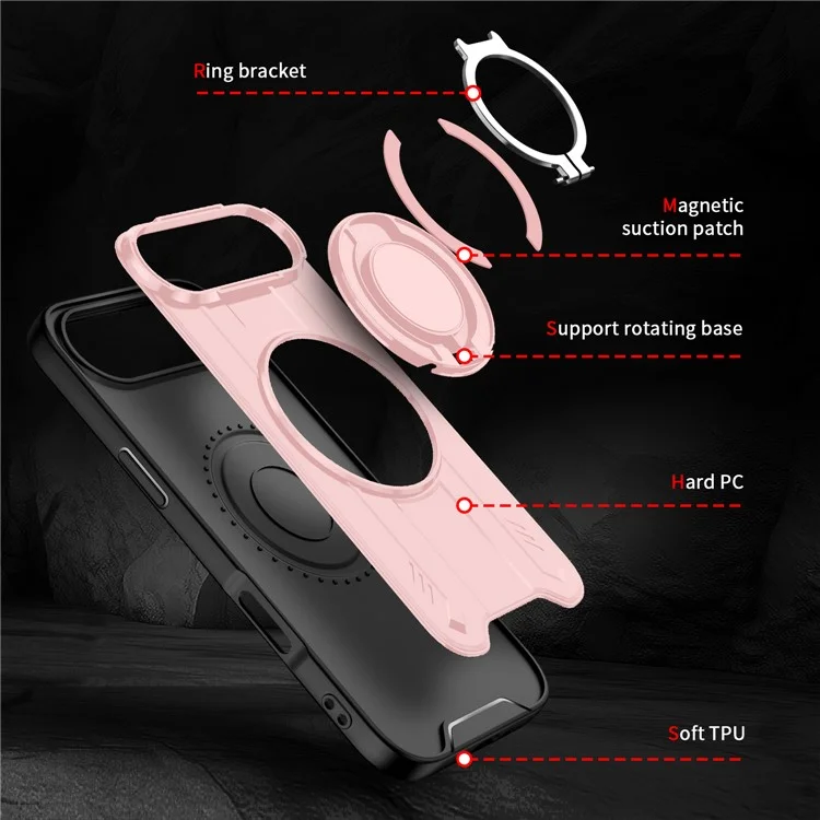 Funda de Aire para iPhone 17 Compatible con MagSafe, Anillo Giratorio, Soporte Plegable, Carcasa de PC + TPU Antichoque - Rosa
