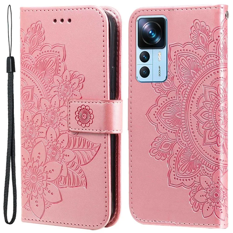 For Xiaomi 12T 5G / Redmi K50 Ultra 5G / 12T Pro 5G Stand Wallet PU Leather Case Flower Imprinting Anti-scratch Phone Cover with Strap - Rose Gold