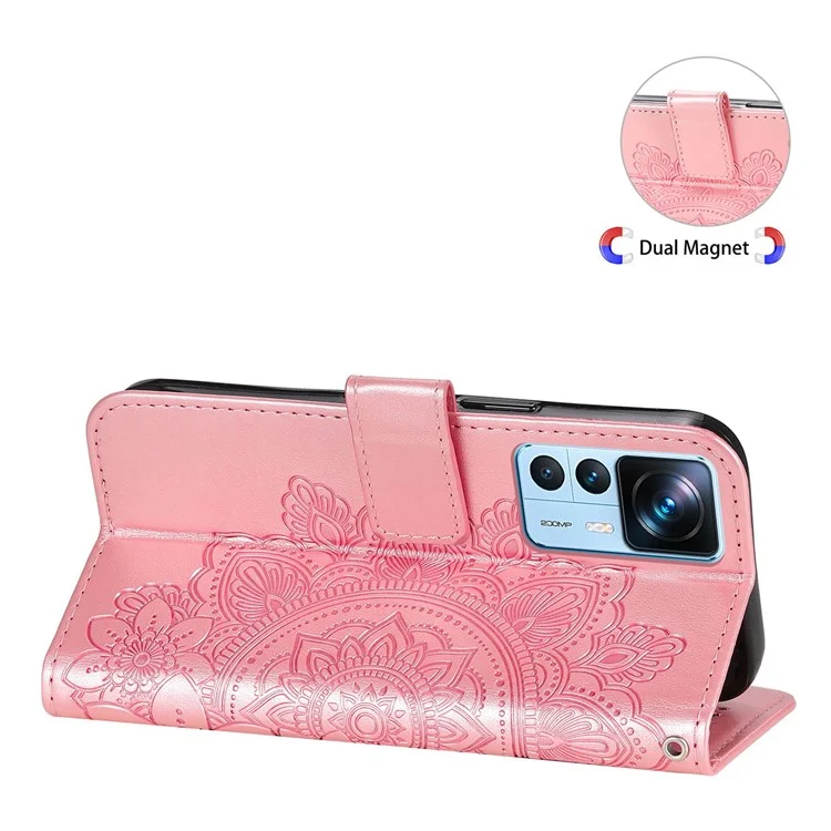 Per Xiaomi 12t 5g / 12t Pro 5G / Redmi K50 Ultra 5G Wormet Wormet PU Peth Case Flower Imprinting Coperchio Telefonico Anti-scratch Con Cinturino - Oro Rosa