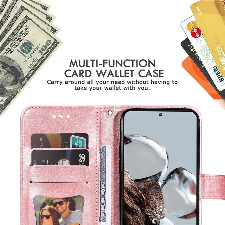 For Xiaomi 12T 5G / Redmi K50 Ultra 5G / 12T Pro 5G Stand Wallet PU Leather Case Flower Imprinting Anti-scratch Phone Cover with Strap - Rose Gold