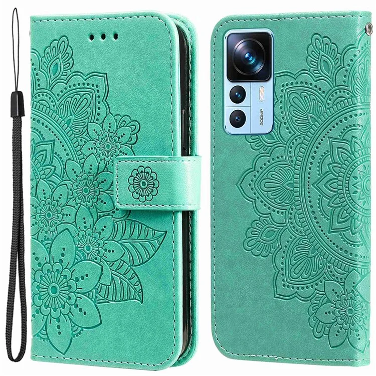 Para Xiaomi 12t 5g / 12T Pro 5G / Redmi K50 Ultra 5G Stand Willet PU Cuero Flower Impresión de la Cubierta Del Teléfono Anti-scratch Con Correa - Verde