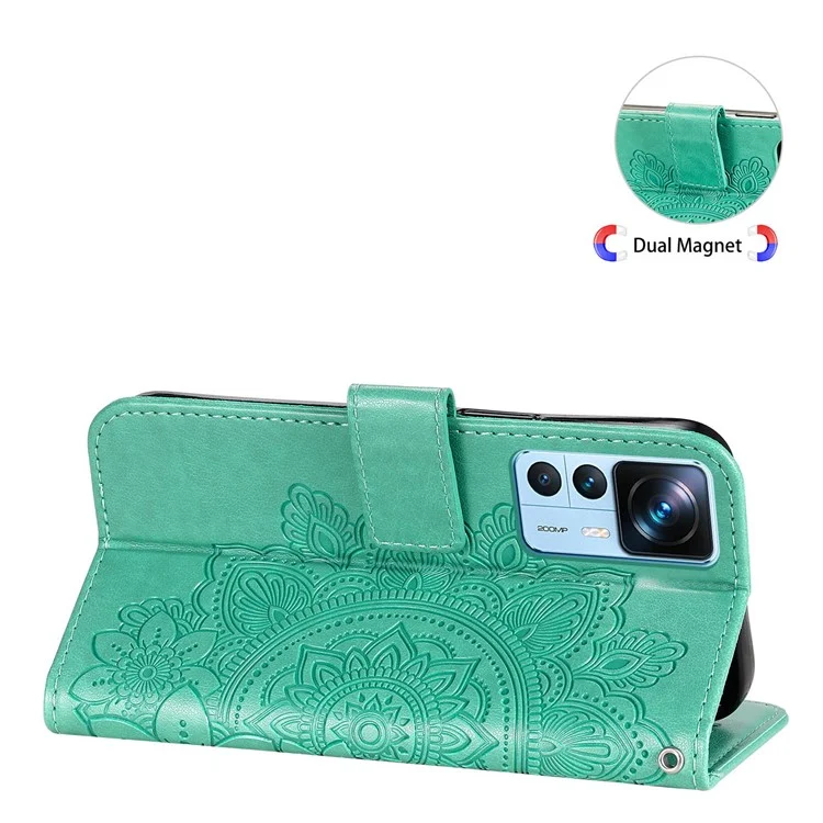 Para Xiaomi 12t 5g / 12T Pro 5G / Redmi K50 Ultra 5G Stand Willet PU Cuero Flower Impresión de la Cubierta Del Teléfono Anti-scratch Con Correa - Verde