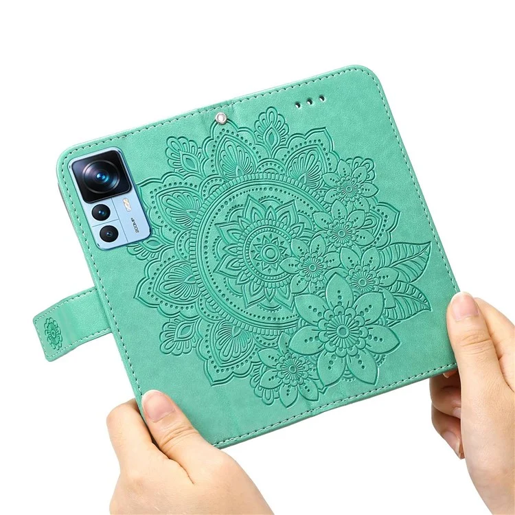 Para Xiaomi 12t 5g / 12T Pro 5G / Redmi K50 Ultra 5G Stand Willet PU Cuero Flower Impresión de la Cubierta Del Teléfono Anti-scratch Con Correa - Verde