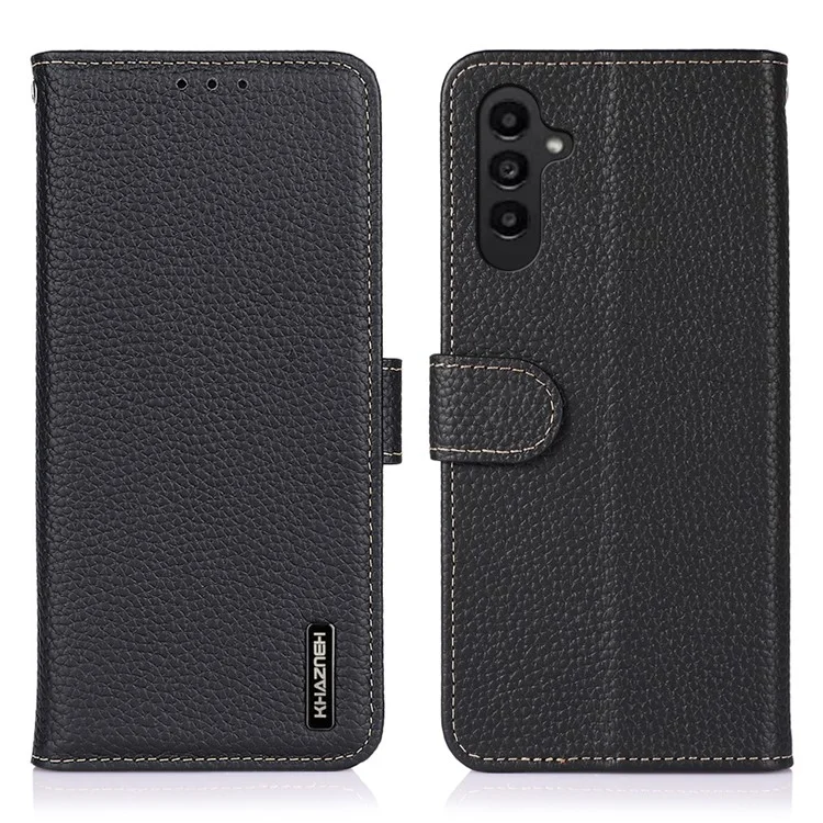 KHAZNEH For Samsung Galaxy A17 Case Genuine Cow Leather Flip Phone Cover - Black
