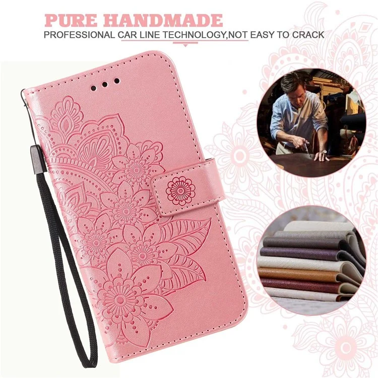 Para Xiaomi Redmi A1 4G / A2 4G Flower Imprinting PU Leather Case Stand Anti-drop Phone Wallet Cover with Strap - Rose Gold