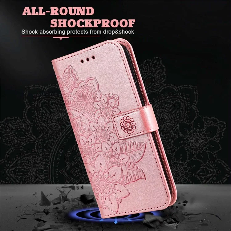 Para Xiaomi Redmi A1 4G / A2 4G Flower Imprinting PU Leather Case Stand Anti-drop Phone Wallet Cover with Strap - Rose Gold