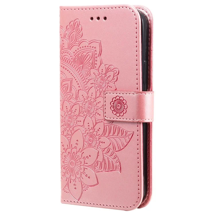 Para Xiaomi Redmi A1 4G / A2 4G Flower Imprinting PU Leather Case Stand Anti-drop Phone Wallet Cover with Strap - Rose Gold