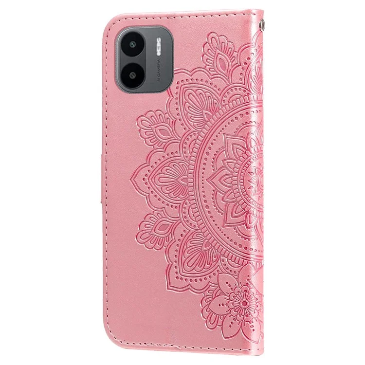 Para Xiaomi Redmi A1 4G / A2 4G Flower Imprinting PU Leather Case Stand Anti-drop Phone Wallet Cover with Strap - Rose Gold