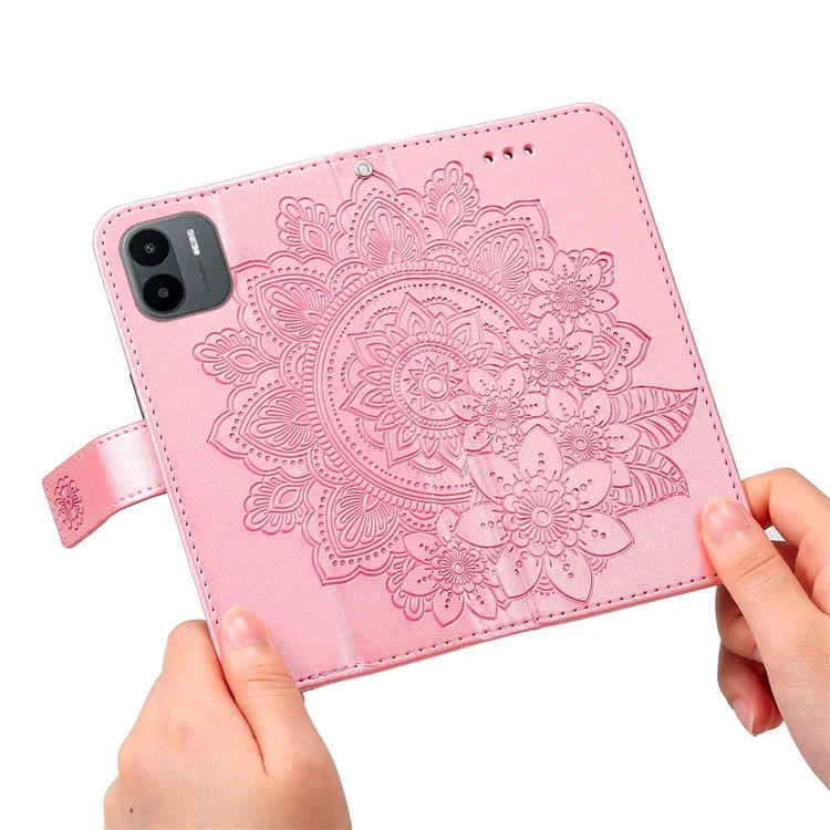 Para Xiaomi Redmi A1 4G / A2 4G Flower Imprinting PU Leather Case Stand Anti-drop Phone Wallet Cover with Strap - Rose Gold