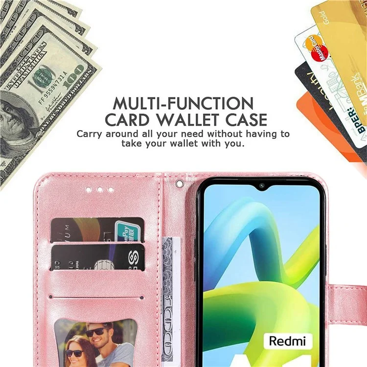 Para Xiaomi Redmi A1 4G / A2 4G Flower Imprinting PU Leather Case Stand Anti-drop Phone Wallet Cover with Strap - Rose Gold