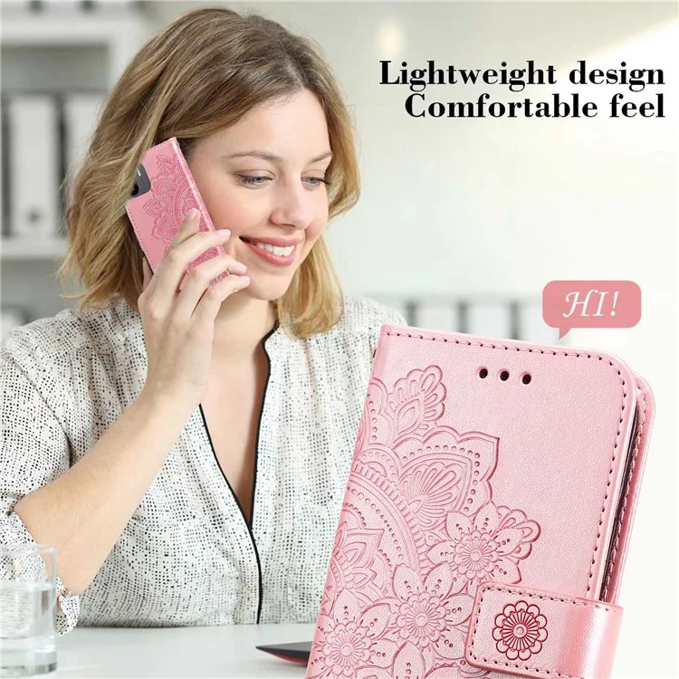 For Xiaomi Redmi A1 4G / A2 4G Flower Imprinting PU Leather Case Stand Anti-drop Phone Wallet Cover with Strap - Rose Gold