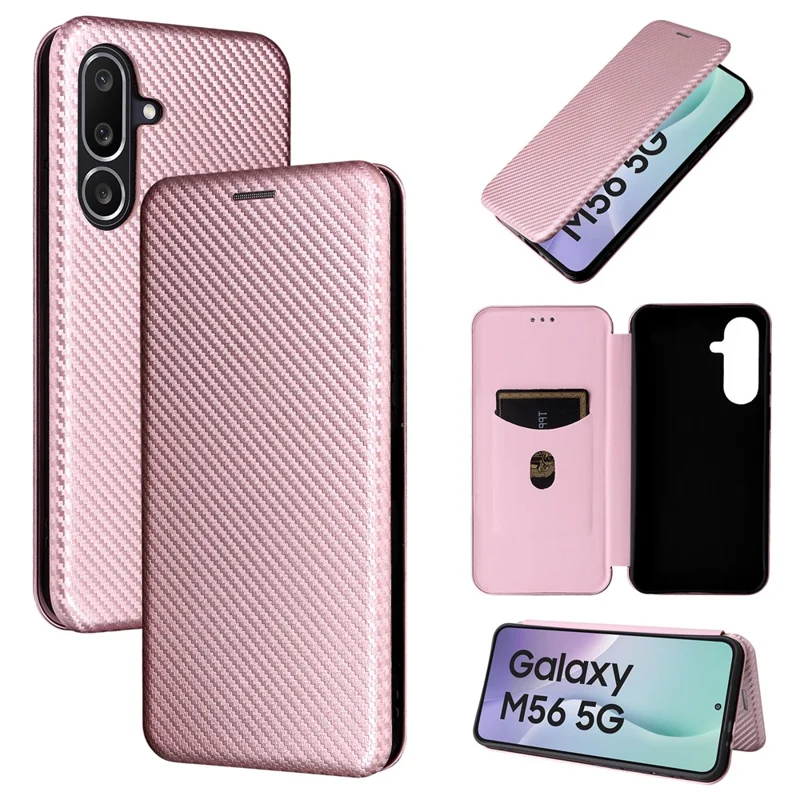 For Samsung Galaxy M56 5G Case Carbon Fiber Texture Drop-Proof PU Leather Phone Cover - Rose Gold