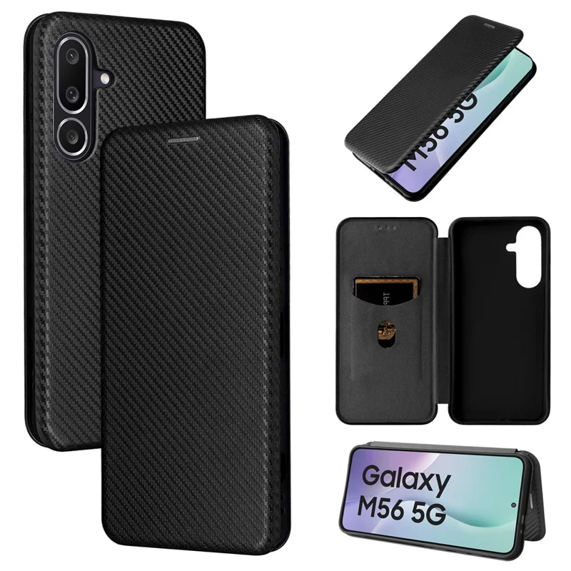 For Samsung Galaxy M56 5G Case Carbon Fiber Texture Drop-Proof PU Leather Phone Cover - Black