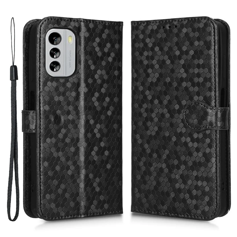 For Nokia G60 5G Dot Pattern Imprinted Wallet Case PU Leather+TPU Stand Phone Cover with Strap - Black