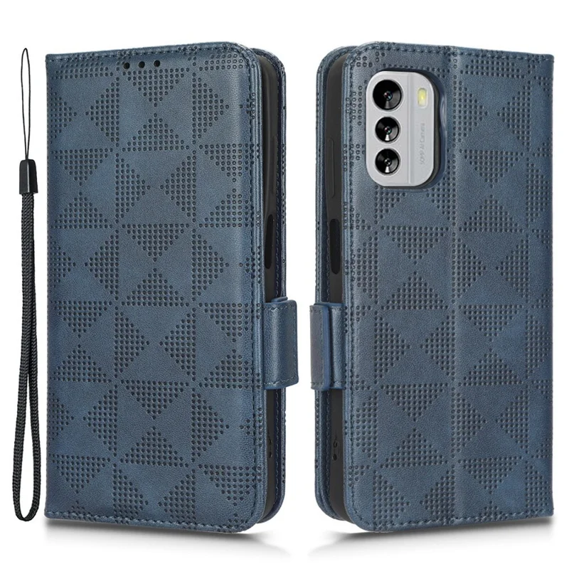 For Nokia G60 5G Imprinted Triangle Pattern PU Leather Stand Case Magnetic Closure Shockproof Phone Wallet Cover with Hand Strap - Blue
