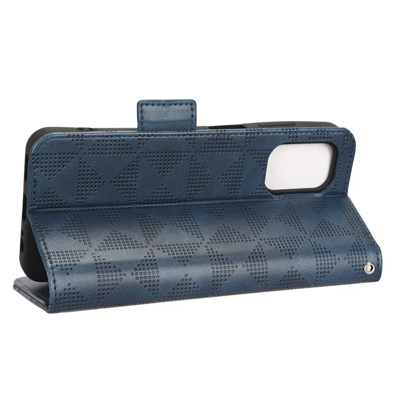 For Nokia G60 5G Imprinted Triangle Pattern PU Leather Stand Case Magnetic Closure Shockproof Phone Wallet Cover with Hand Strap - Blue