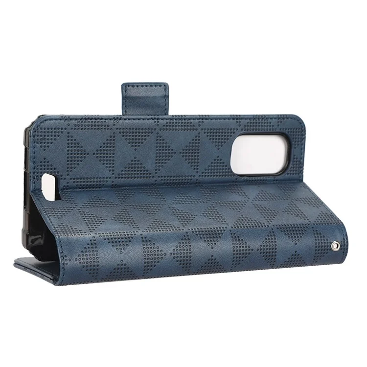 For Blackview BV7100 4G Imprinted Triangle Pattern PU Leather Stand Case Shockproof Folio Flip Phone Wallet Cover with Hand Strap - Blue