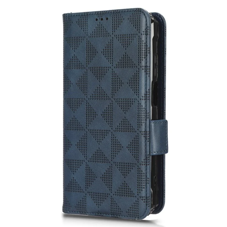 For Blackview BV7100 4G Imprinted Triangle Pattern PU Leather Stand Case Shockproof Folio Flip Phone Wallet Cover with Hand Strap - Blue