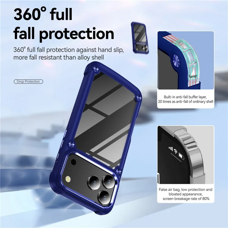 Handyhülle für iPhone 17 Pro Max mit Legierung Objektivrahmen PC + TPU Stoßfeste Schutzhülle - Blau
