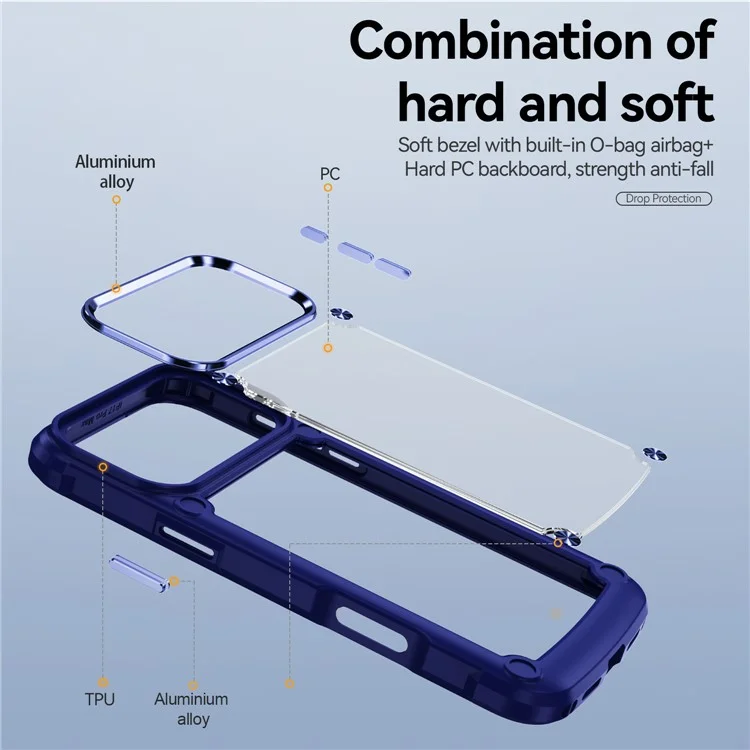 Handyhülle für iPhone 17 Pro Max mit Legierung Objektivrahmen PC + TPU Stoßfeste Schutzhülle - Blau