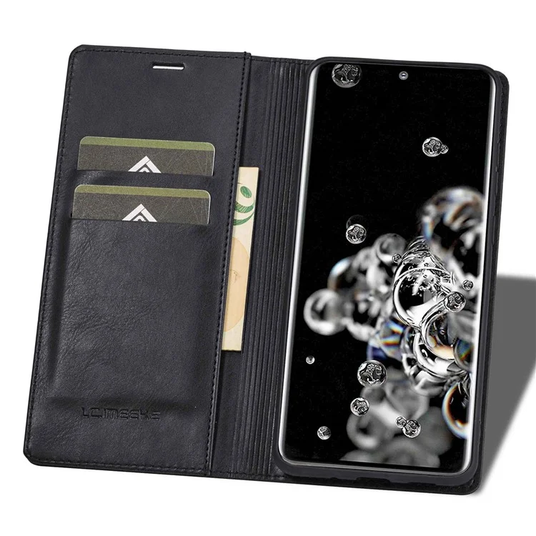 LC.IMEEKE For Samsung Galaxy S20 Ultra PU Leather Magnetic Auto-absorbed Flip Case RFID Blocking Wallet Stand Phone Cover - Black