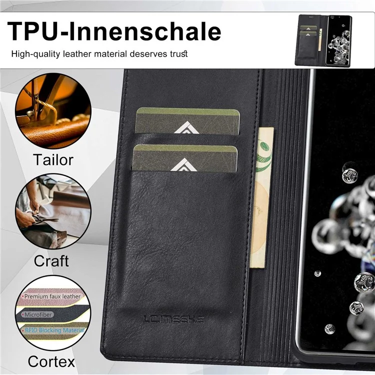 LC.IMEEKE For Samsung Galaxy S20 Ultra PU Leather Magnetic Auto-absorbed Flip Case RFID Blocking Wallet Stand Phone Cover - Black
