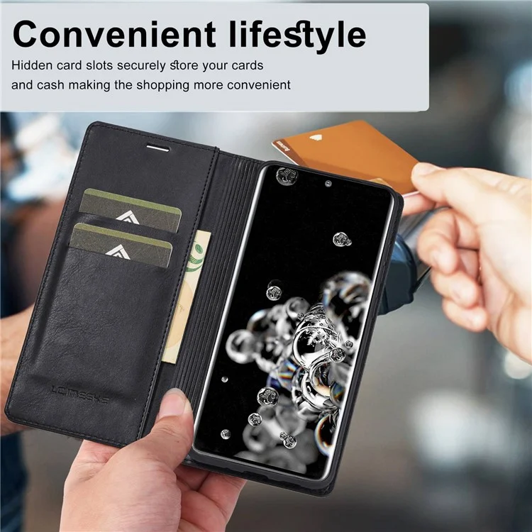 LC.IMEEKE For Samsung Galaxy S20 Ultra PU Leather Magnetic Auto-absorbed Flip Case RFID Blocking Wallet Stand Phone Cover - Black
