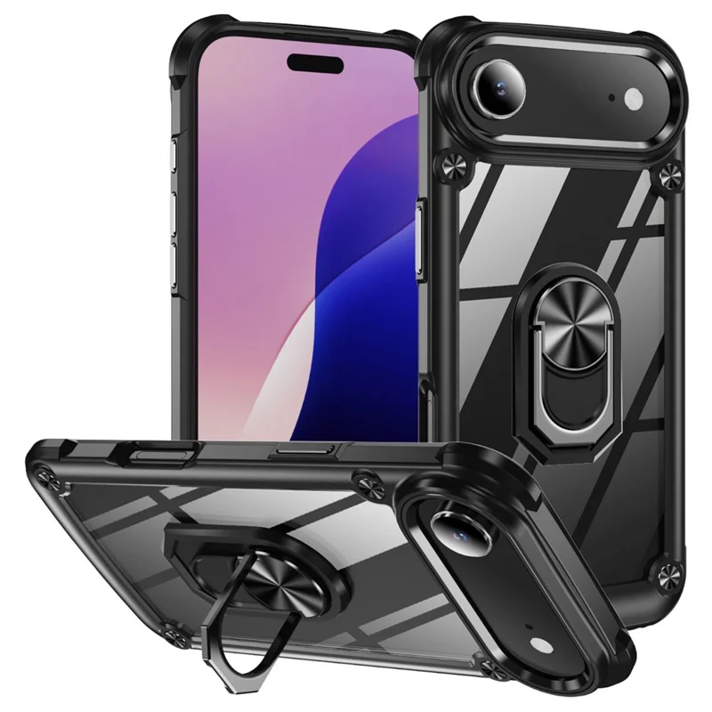 For iPhone 17 Air Case Alloy Lens Frame PC + TPU Kickstand Phone Back Cover - Black