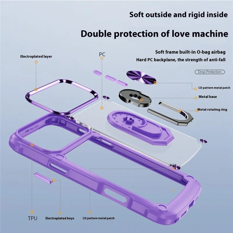 For iPhone 17 Pro Case Alloy Lens Frame PC + TPU Kickstand Phone Back Cover - Purple