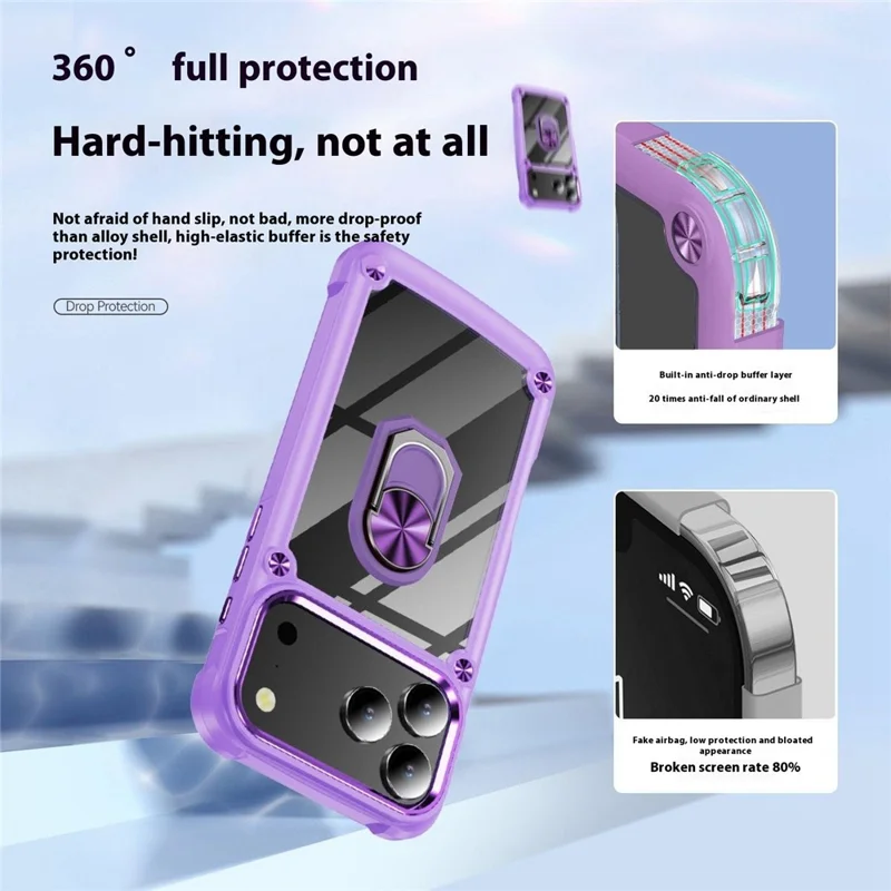 For iPhone 17 Pro Case Alloy Lens Frame PC + TPU Kickstand Phone Back Cover - Purple