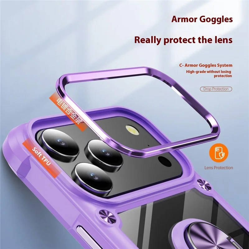 For iPhone 17 Pro Case Alloy Lens Frame PC + TPU Kickstand Phone Back Cover - Purple