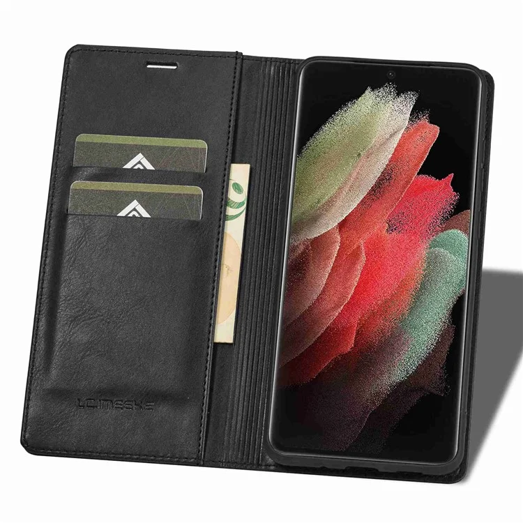 LC.IMEEKE For Samsung Galaxy S21 Ultra 5G PU Leather Flip Wallet Phone Case RFID Blocking Inner TPU Stand Magnetic Absorption Cover - Black
