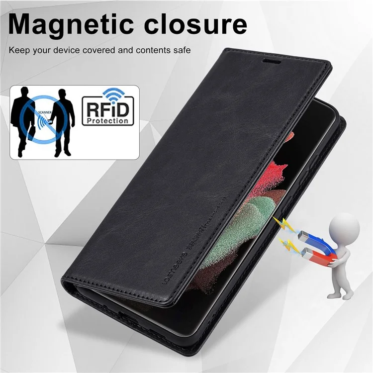 LC.IMEEKE For Samsung Galaxy S21 Ultra 5G PU Leather Flip Wallet Phone Case RFID Blocking Inner TPU Stand Magnetic Absorption Cover - Black