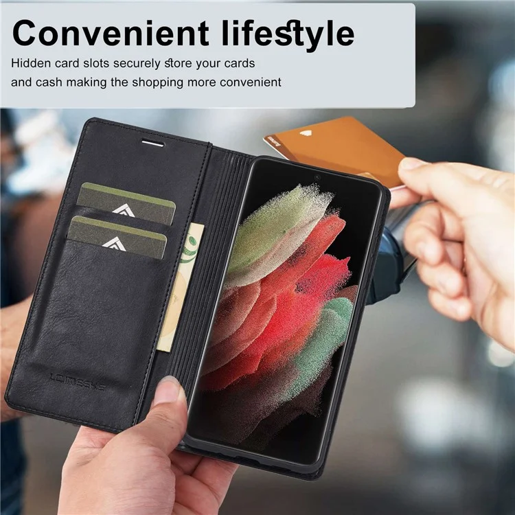 LC.IMEEKE For Samsung Galaxy S21 Ultra 5G PU Leather Flip Wallet Phone Case RFID Blocking Inner TPU Stand Magnetic Absorption Cover - Black