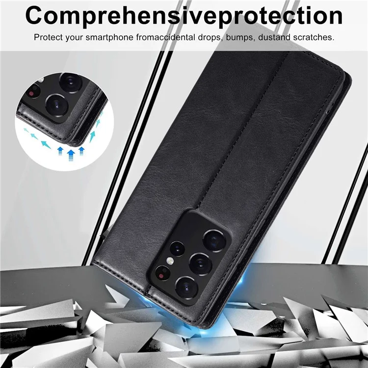LC.IMEEKE For Samsung Galaxy S21 Ultra 5G PU Leather Flip Wallet Phone Case RFID Blocking Inner TPU Stand Magnetic Absorption Cover - Black
