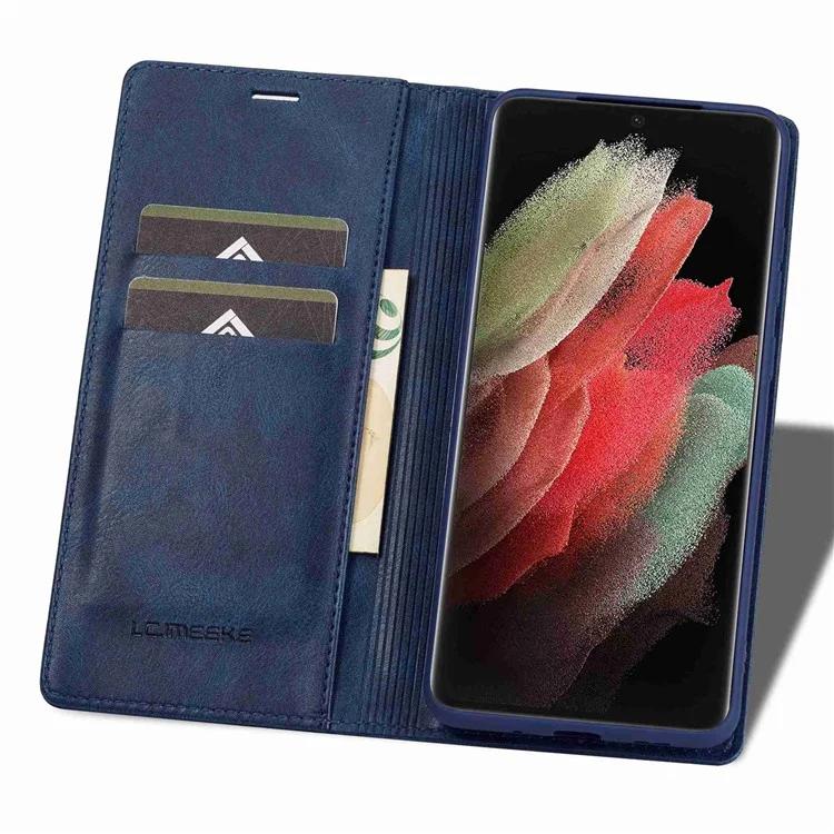 Lc. Imeeke Para Samsung Galaxy S21 Ultra 5G PU Flip Flip Flip Case de Teléfono Rfid Bloqueo de TPU Interio TPU Cubierta de Absorción Magnética - Azul