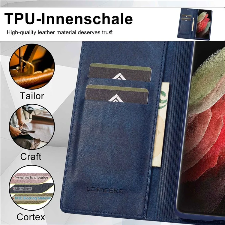 Lc. Imeeke Para Samsung Galaxy S21 Ultra 5G PU Flip Flip Flip Case de Teléfono Rfid Bloqueo de TPU Interio TPU Cubierta de Absorción Magnética - Azul