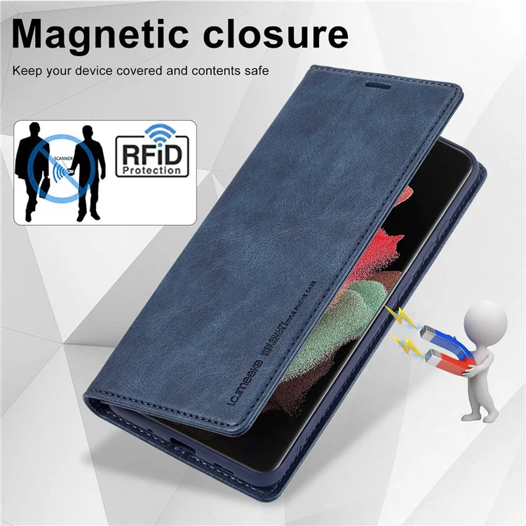 Lc. Imeeke Para Samsung Galaxy S21 Ultra 5G PU Flip Flip Flip Case de Teléfono Rfid Bloqueo de TPU Interio TPU Cubierta de Absorción Magnética - Azul