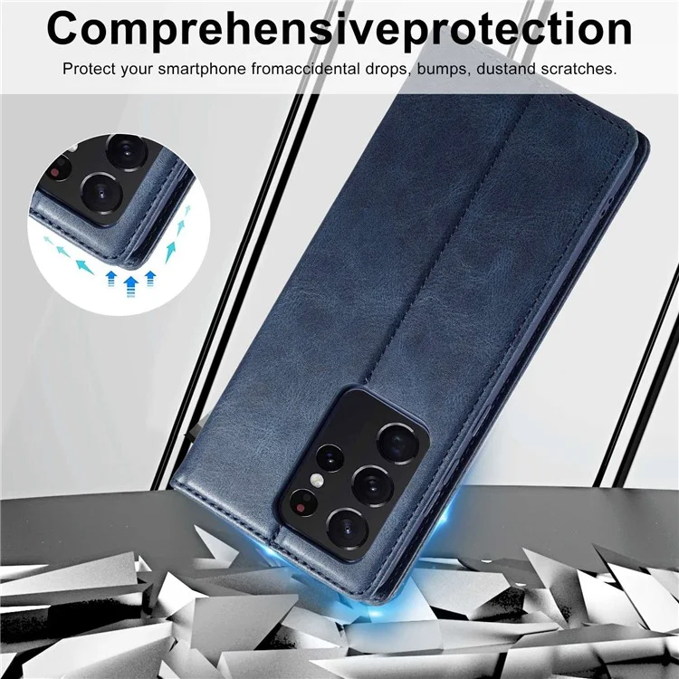 Lc. Imeeke Para Samsung Galaxy S21 Ultra 5G PU Flip Flip Flip Case de Teléfono Rfid Bloqueo de TPU Interio TPU Cubierta de Absorción Magnética - Azul