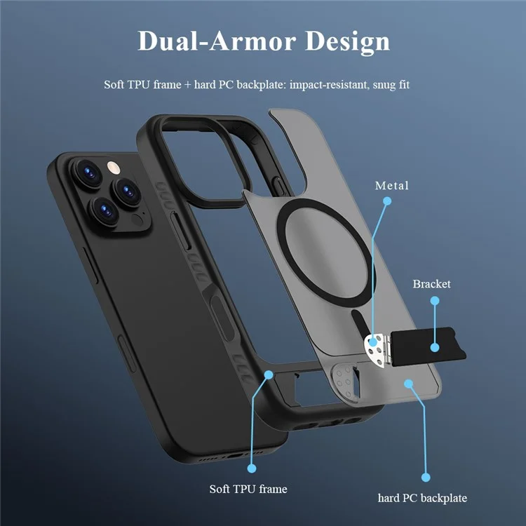 LEREACH Le-Chic Series For iPhone 16 Pro Case Compatible with MagSafe Kickstand TPU + PC Phone Cover - Black