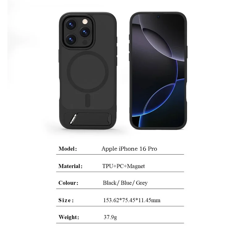 LEREACH Le-Chic Series For iPhone 16 Pro Case Compatible with MagSafe Kickstand TPU + PC Phone Cover - Black