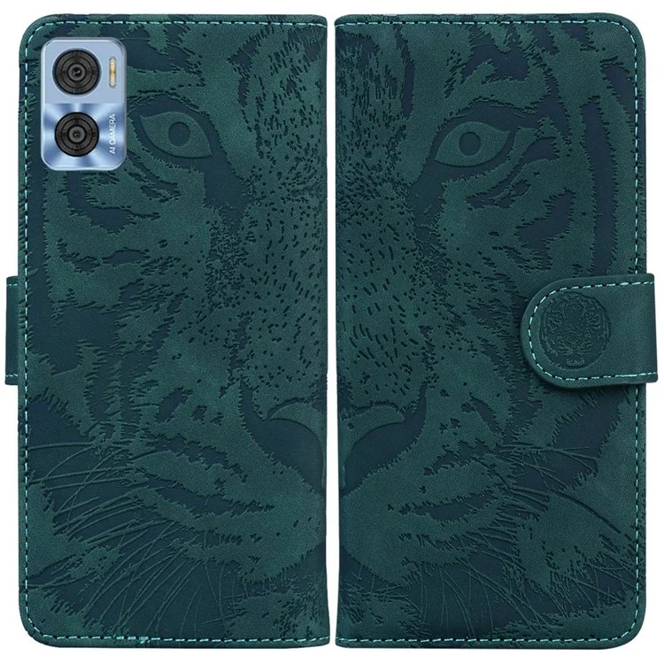 For Motorola Moto E22 4G / E22i 4G Tiger Pattern Imprinted PU Leather Full Protection Case Magnetic Clasp Flip Stand Wallet Cover - Green