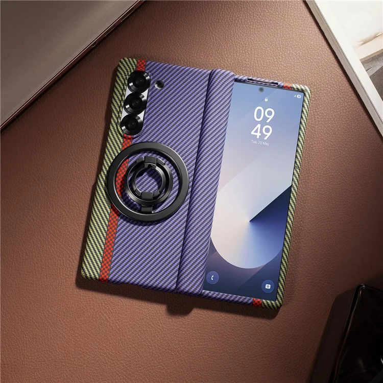 For Samsung Galaxy Z Fold6 5G Case Ring Holder Kickstand Hard PC Phone Cover with Screen Film - Purple
