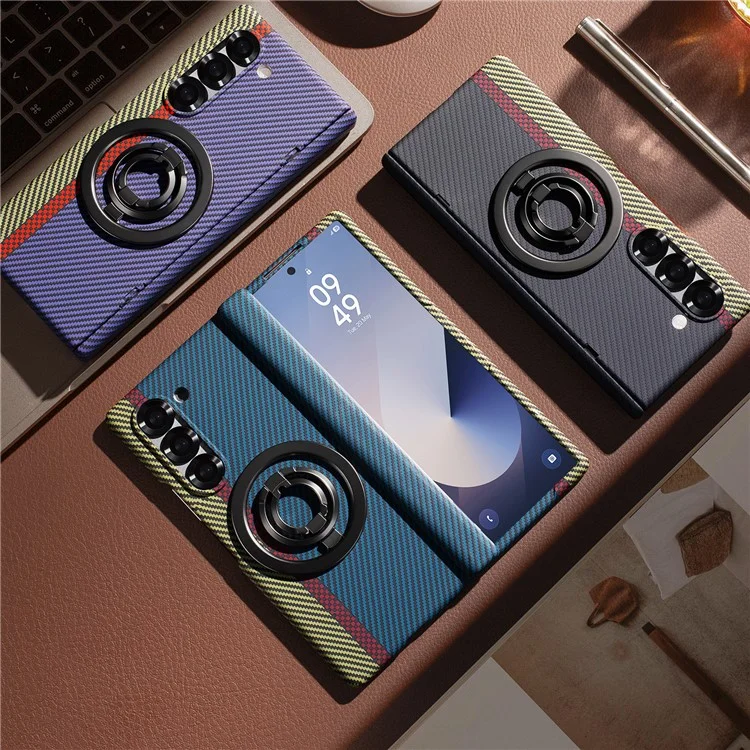 For Samsung Galaxy Z Fold6 5G Case Ring Holder Kickstand Hard PC Phone Cover with Screen Film - Black