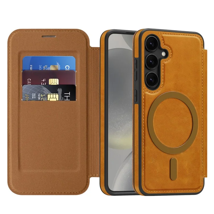 For Samsung Galaxy S24 Case Compatible with MagSafe RFID Blocking Card Holder Leather Phone Cover - Brown