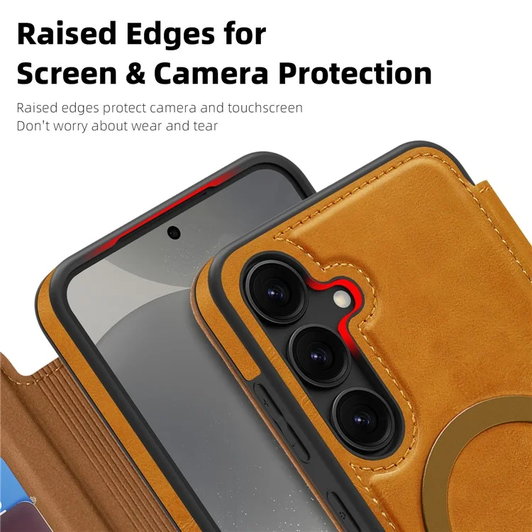 For Samsung Galaxy S24 Case Compatible with MagSafe RFID Blocking Card Holder Leather Phone Cover - Brown